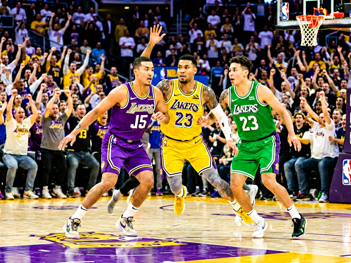 NBA常规赛比赛现场，球员在球场上奋力拼搏，观众热情欢呼